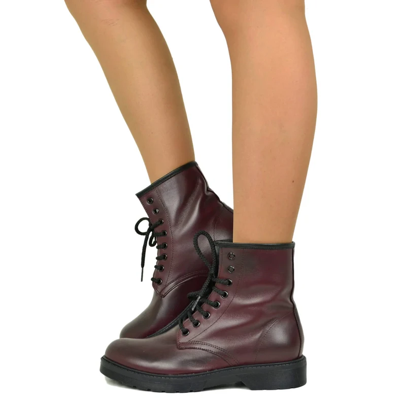 Stivaletti Donna Anfibi Bordeaux con Lacci Made in Italy