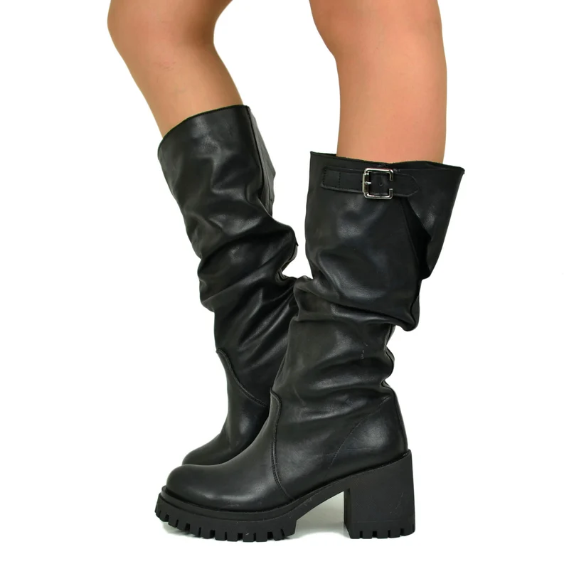Stivali Donna Neri in Pelle con Tacco a Blocco e Gambale Alto Regolabile Made in Italy