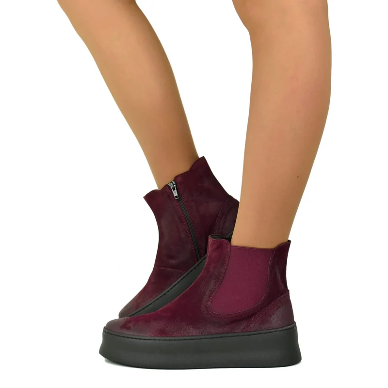 Stivaletti Chelsea Platform in Pelle Scamosciata Chunky Bordeaux con Zip