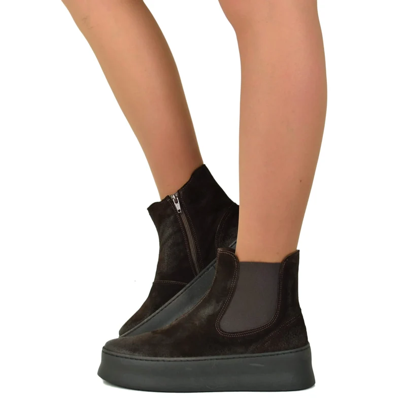 Stivaletti Chelsea Platform in Pelle Scamosciata Chunky Marroni con Zip