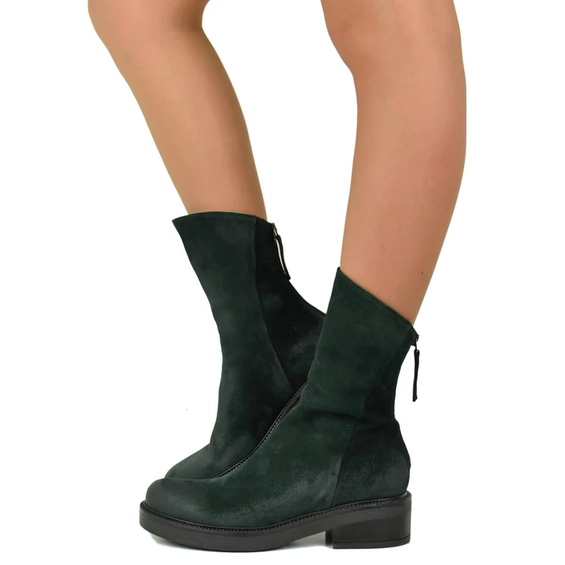 Stivaletti alla Caviglia con Zip Posteriore in Pelle Scamosciata Verde