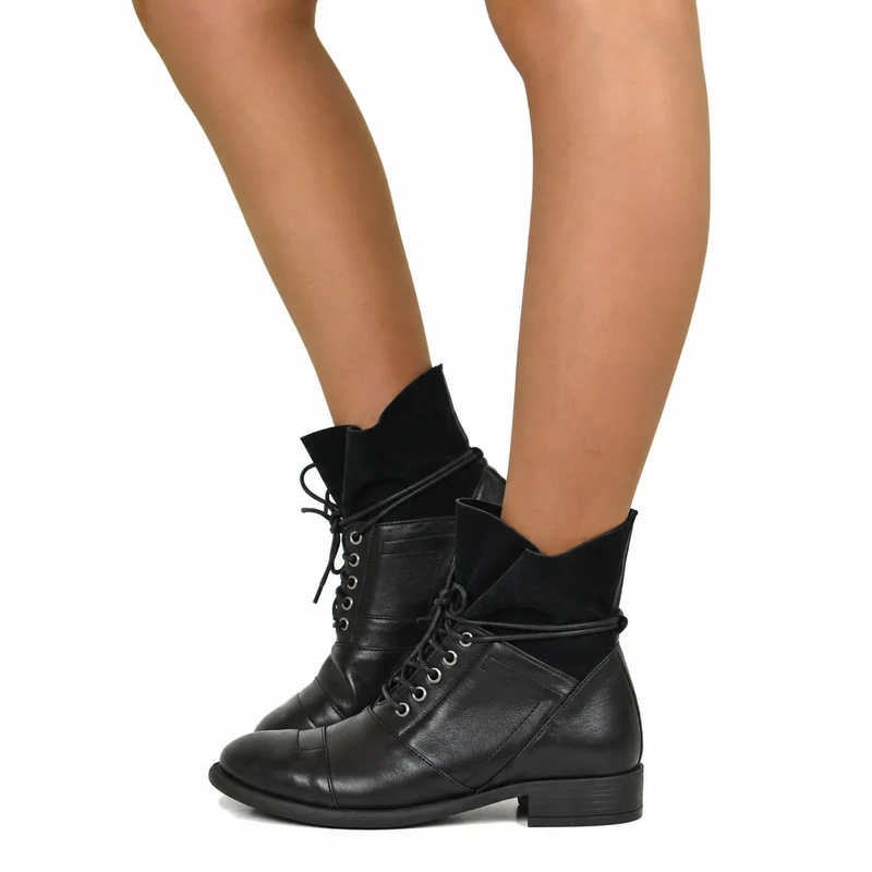 Stivaletti Donna in Pelle e Camoscio Nero con Lacci e Tacco Basso Made in Italy