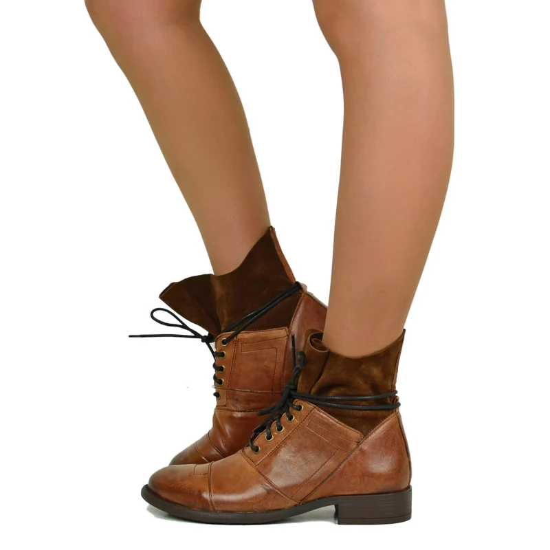Stivaletti Donna in Pelle e Camoscio Marroni con Lacci e Tacco Basso Made in Italy