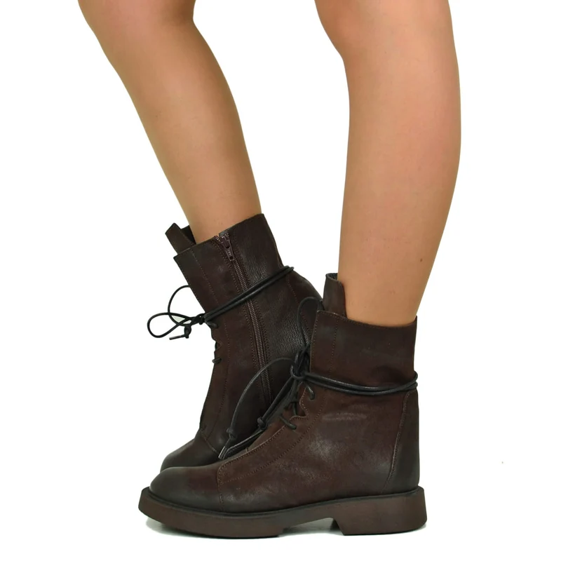 Stivaletti Anfibi Donna in Pelle Nabuk Marroni Made in Italy con Zip Laterale