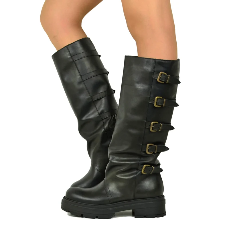 Biker 5 Fibbie Punta quadrata DIVINE FOLLIE Vera Pelle Nera