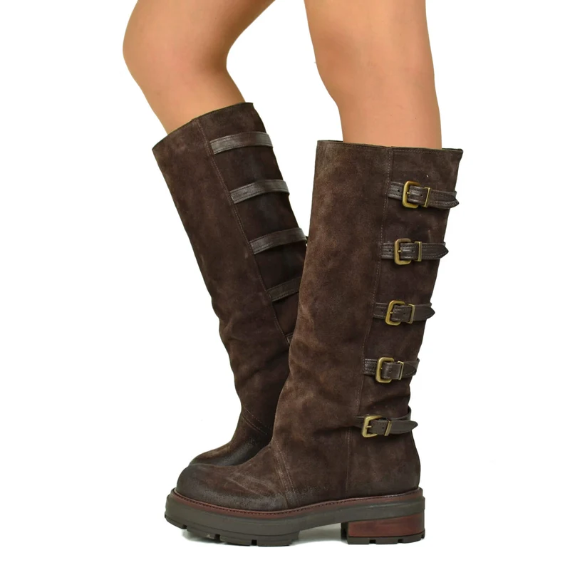 Biker 5 Fibbie Punta quadrata DIVINE FOLLIE Camoscio Cioccolato