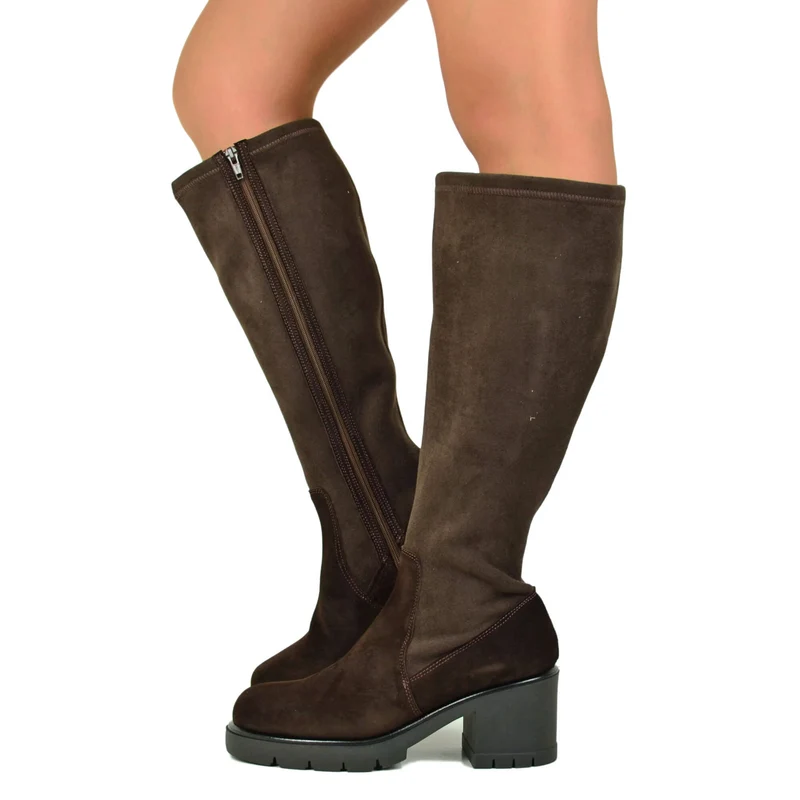 Stivali Donna Alti in Camoscio con Tacco Largo Gambale Largo XL Elasticizzato Marroni
