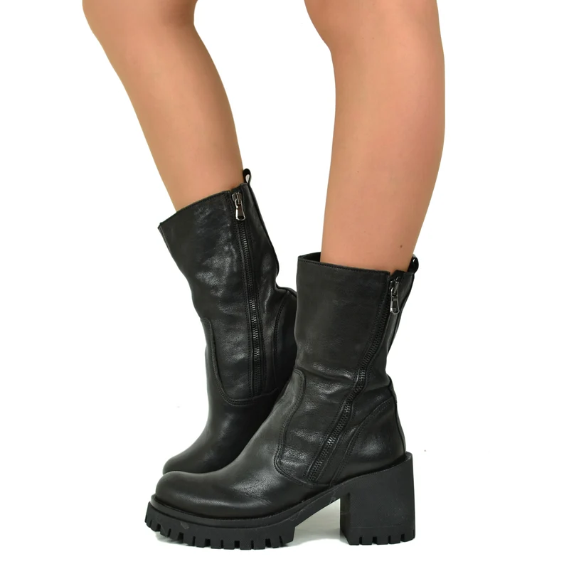 Stivaletti Donna Neri in Pelle con Zip Laterale e Tacco a Blocco Made in Italy