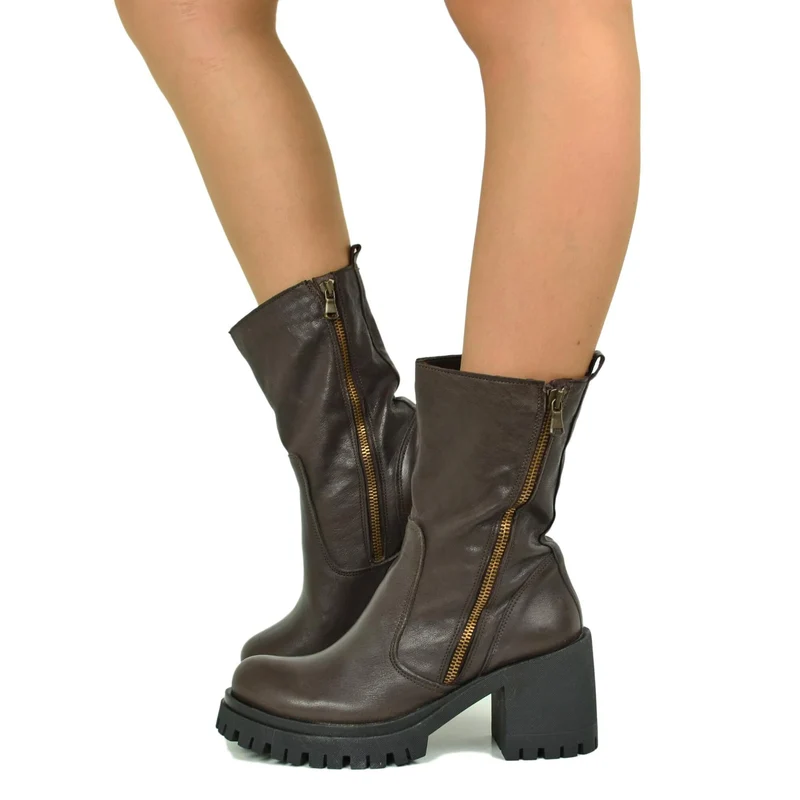 Stivaletti Donna Marroni in Pelle con Zip Laterale e Tacco a Blocco Made in Italy