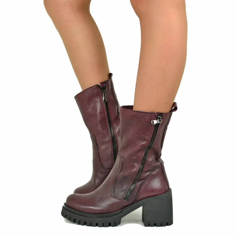 Stivaletti Donna Bordeaux in Pelle con Zip Laterale e Tacco a Blocco Made in Italy
