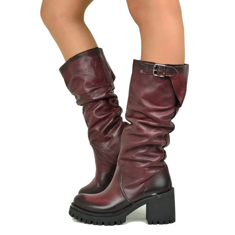 Stivali Donna Bordeaux in Pelle con Tacco a Blocco e Gambale Regolabile Alto Made in Italy
