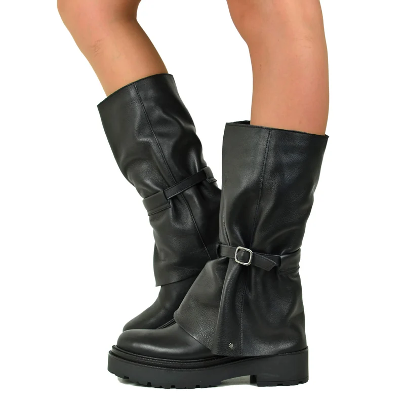 Stivali Donna Pelle Neri con Ghetta Fondo Platform Made in italy