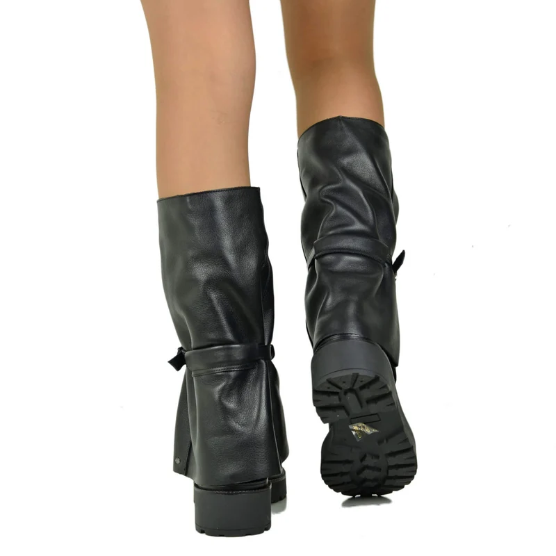 Stivali Donna Pelle Neri con Ghetta Fondo Platform Made in italy