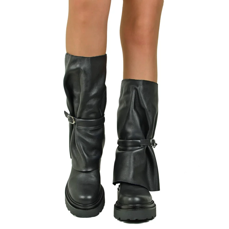 Stivali Donna Pelle Neri con Ghetta Fondo Platform Made in italy