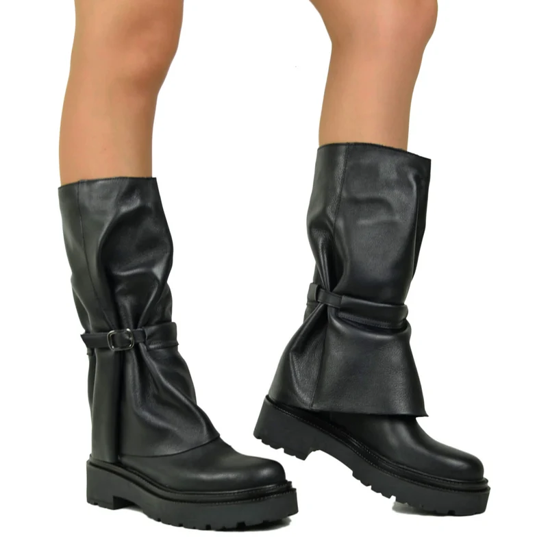 Stivali Donna Pelle Neri con Ghetta Fondo Platform Made in italy