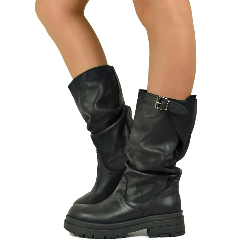 Biker con Gambale Regolabile Morbido Nabuk Nero fondo Platform