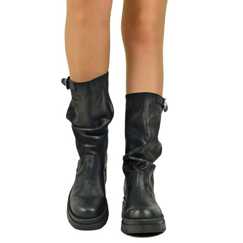Biker con Gambale Regolabile Morbido Nabuk Nero fondo Platform