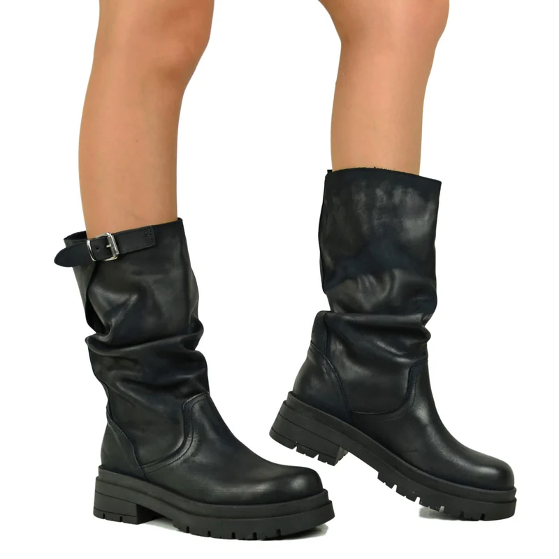 Biker con Gambale Regolabile Morbido Nabuk Nero fondo Platform