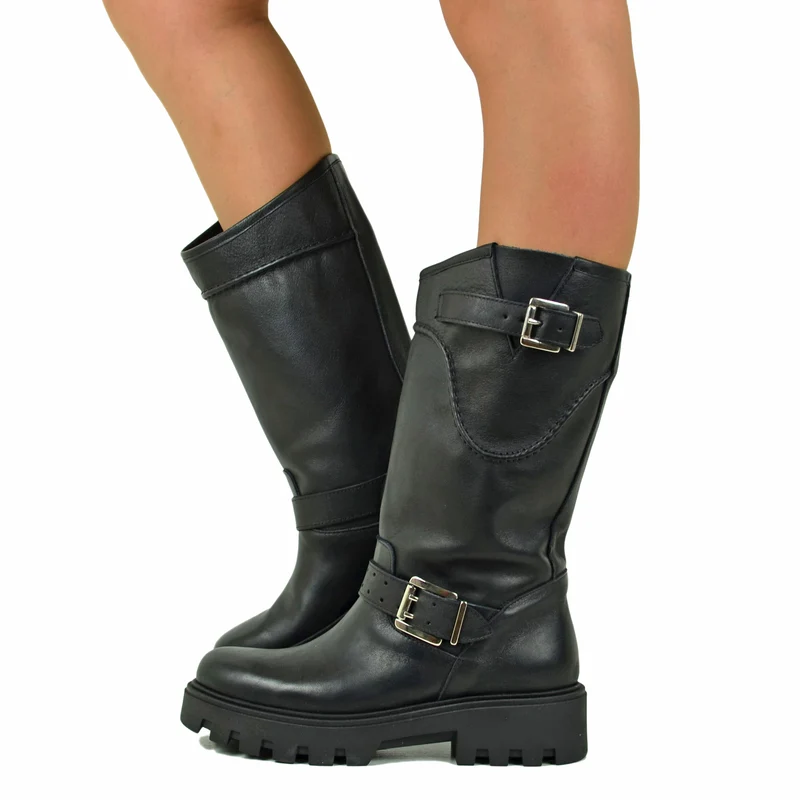 Stivali Donna Biker Neri in Pelle con Fibbie Regolabili Made in Italy