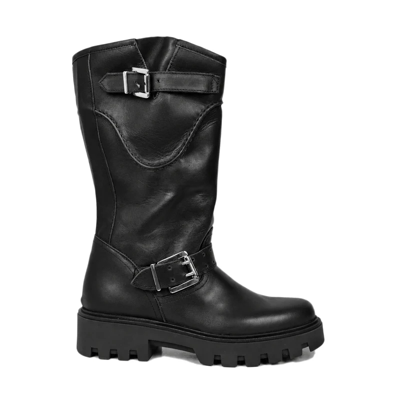 Stivali Donna Biker Neri in Pelle con Fibbie Regolabili Made in Italy