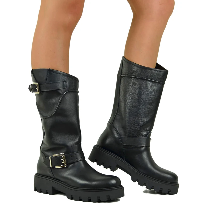 Stivali Donna Biker Neri in Pelle con Fibbie Regolabili Made in Italy