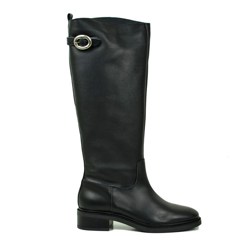 Stivali Donna Biker Neri in Pelle Gambale con Fibbia e Zip Laterale Made in Italy