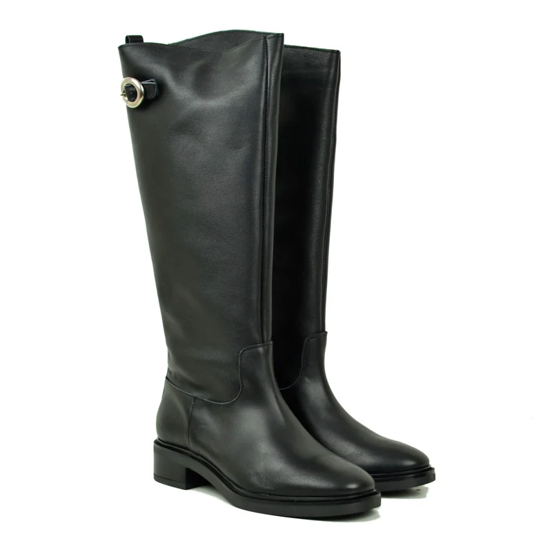 Stivali Donna Biker Neri in Pelle Gambale con Fibbia e Zip Laterale Made in Italy