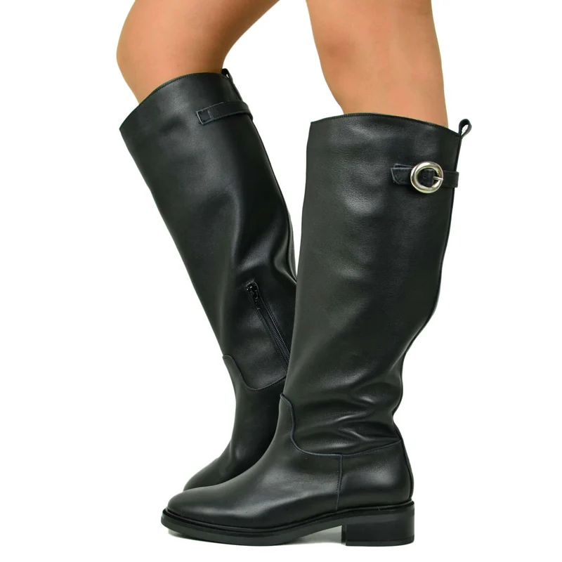 Stivali Donna Biker Neri in Pelle Gambale con Fibbia e Zip Laterale Made in Italy