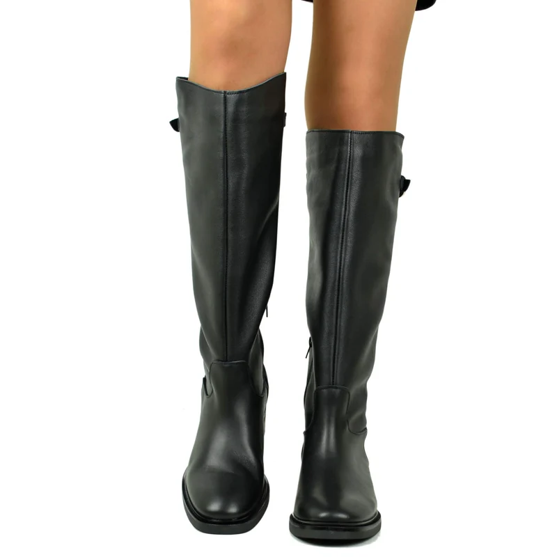 Stivali Donna Biker Neri in Pelle Gambale con Fibbia e Zip Laterale Made in Italy