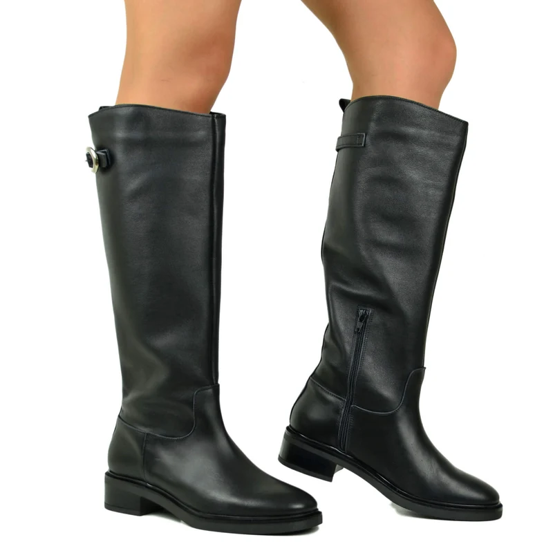 Stivali Donna Biker Neri in Pelle Gambale con Fibbia e Zip Laterale Made in Italy