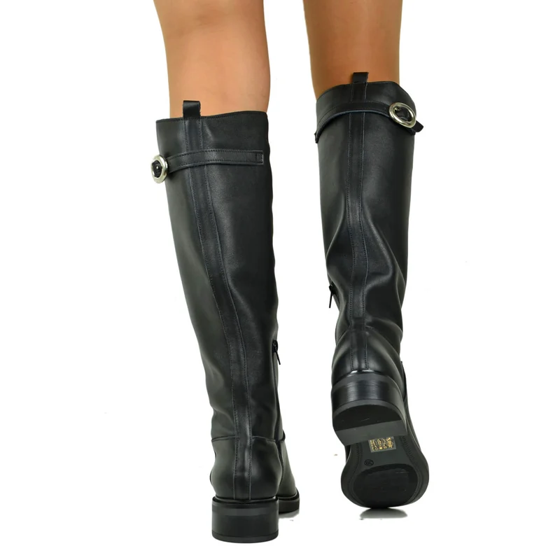 Stivali Donna Biker Neri in Pelle Gambale con Fibbia e Zip Laterale Made in Italy