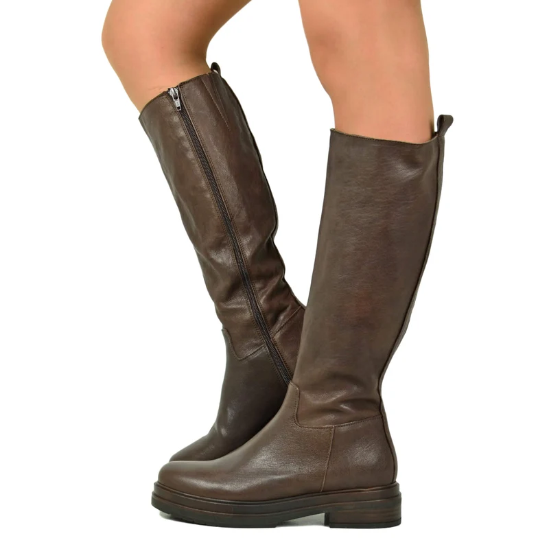 Stivali Donna Biker in Pelle Gambale con Inserto Elasticizzato e Zip Laterale Made in Italy