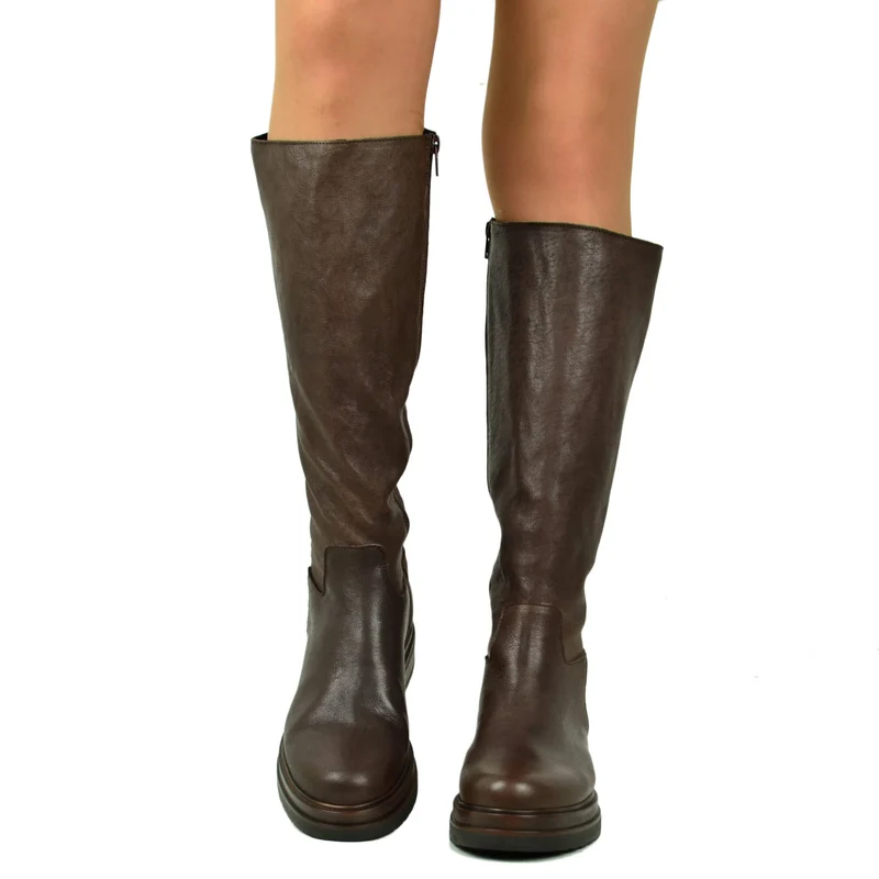 Stivali Donna Biker in Pelle Gambale con Inserto Elasticizzato e Zip Laterale Made in Italy
