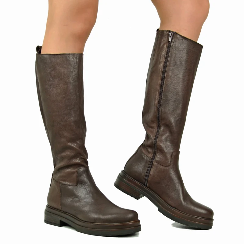 Stivali Donna Biker in Pelle Gambale con Inserto Elasticizzato e Zip Laterale Made in Italy