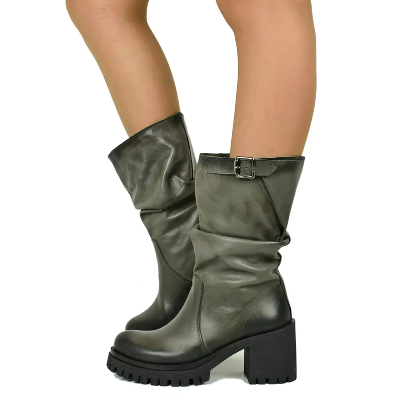 Stivali Biker con Tacco a Blocco Chunky con suola carrarmato Pelle Sfumata Grigio