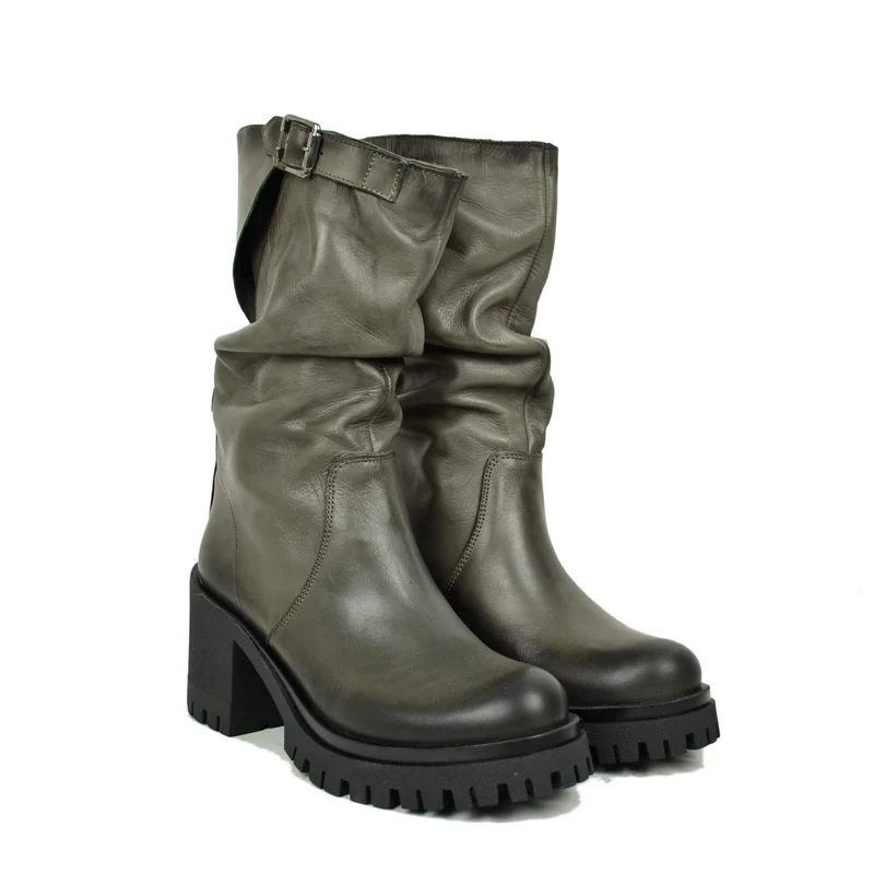 Stivali Biker con Tacco a Blocco Chunky con suola carrarmato Pelle Sfumata Grigio