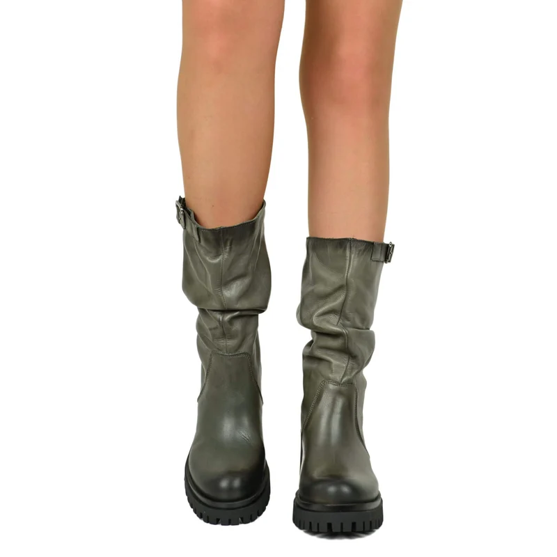 Stivali Biker con Tacco a Blocco Chunky con suola carrarmato Pelle Sfumata Grigio