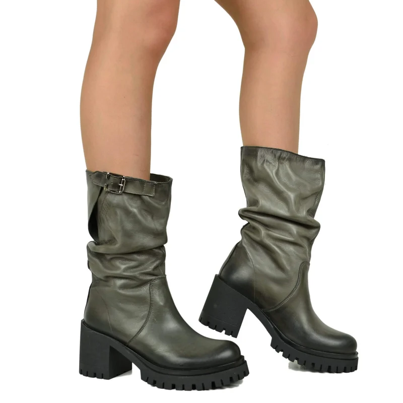 Stivali Biker con Tacco a Blocco Chunky con suola carrarmato Pelle Sfumata Grigio