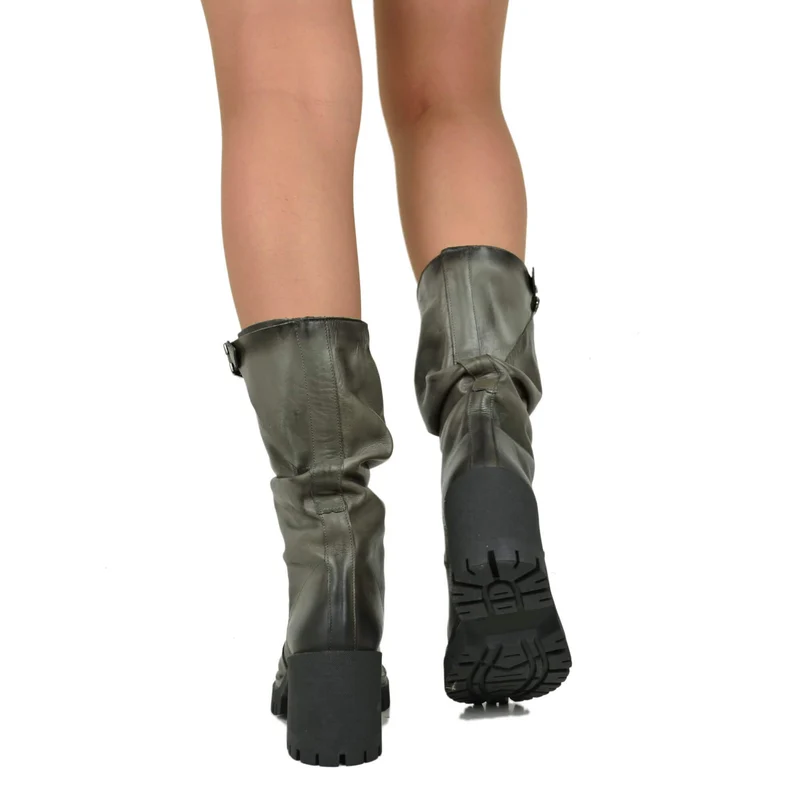 Stivali Biker con Tacco a Blocco Chunky con suola carrarmato Pelle Sfumata Grigio