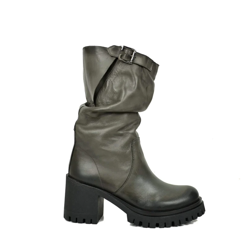 Stivali Biker con Tacco a Blocco Chunky con suola carrarmato Pelle Sfumata Grigio