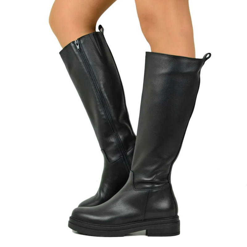 Stivali Donna Biker Neri in Pelle Gambale con Inserto Elasticizzato e Zip Laterale Made in Italy
