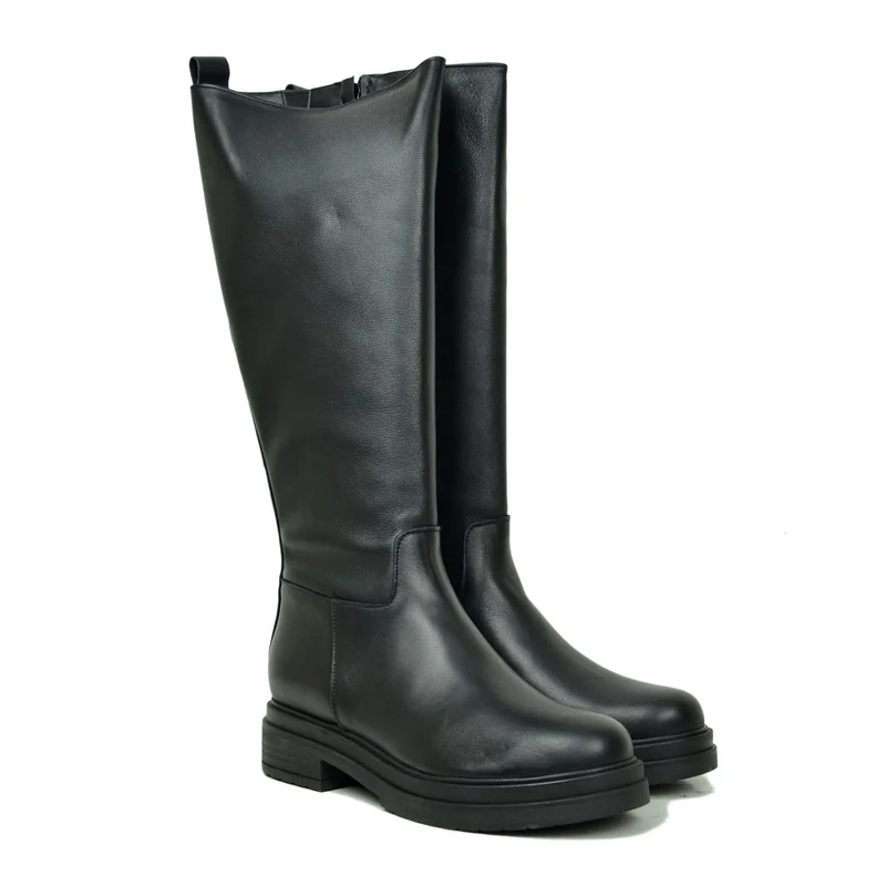 Stivali Donna Biker Neri in Pelle Gambale con Inserto Elasticizzato e Zip Laterale Made in Italy