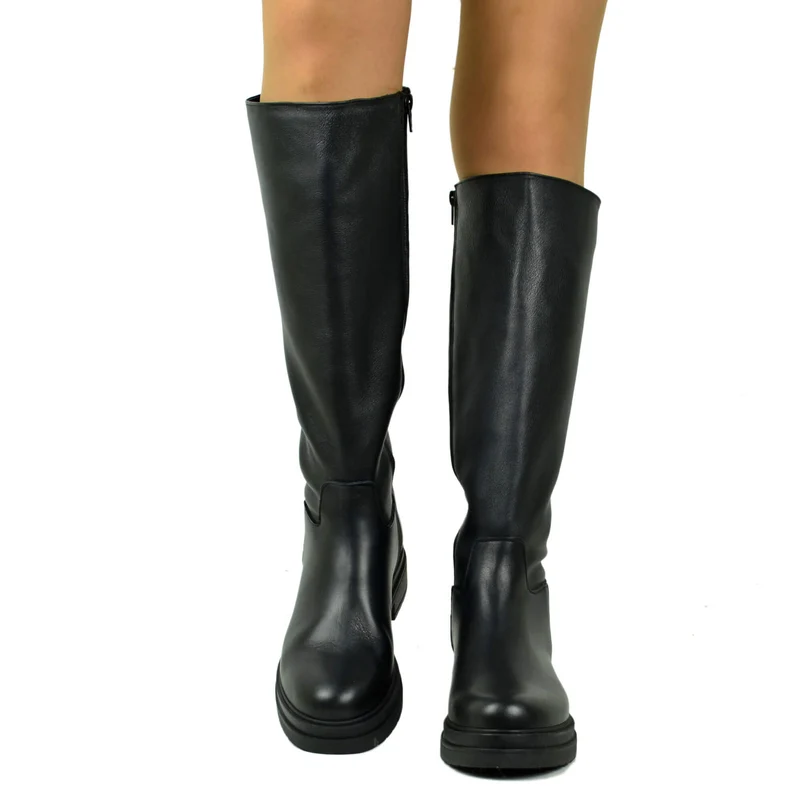 Stivali Donna Biker Neri in Pelle Gambale con Inserto Elasticizzato e Zip Laterale Made in Italy