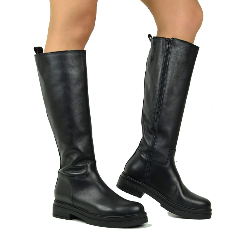 Stivali Donna Biker Neri in Pelle Gambale con Inserto Elasticizzato e Zip Laterale Made in Italy