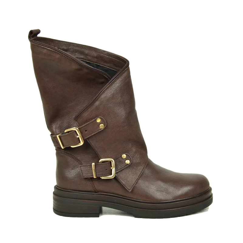 Stivali Donna Biker Vera Pelle Gambale Largo Cioccolato con Fibbie e Zip Laterale Made in Italy
