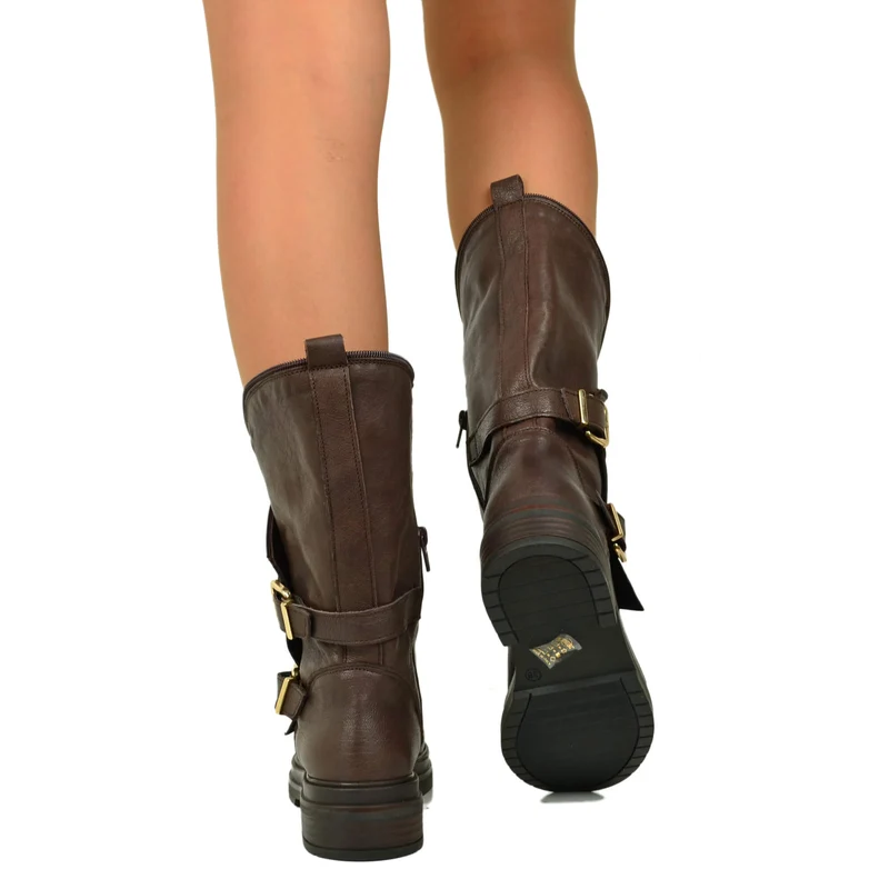 Stivali Donna Biker Vera Pelle Gambale Largo Cioccolato con Fibbie e Zip Laterale Made in Italy