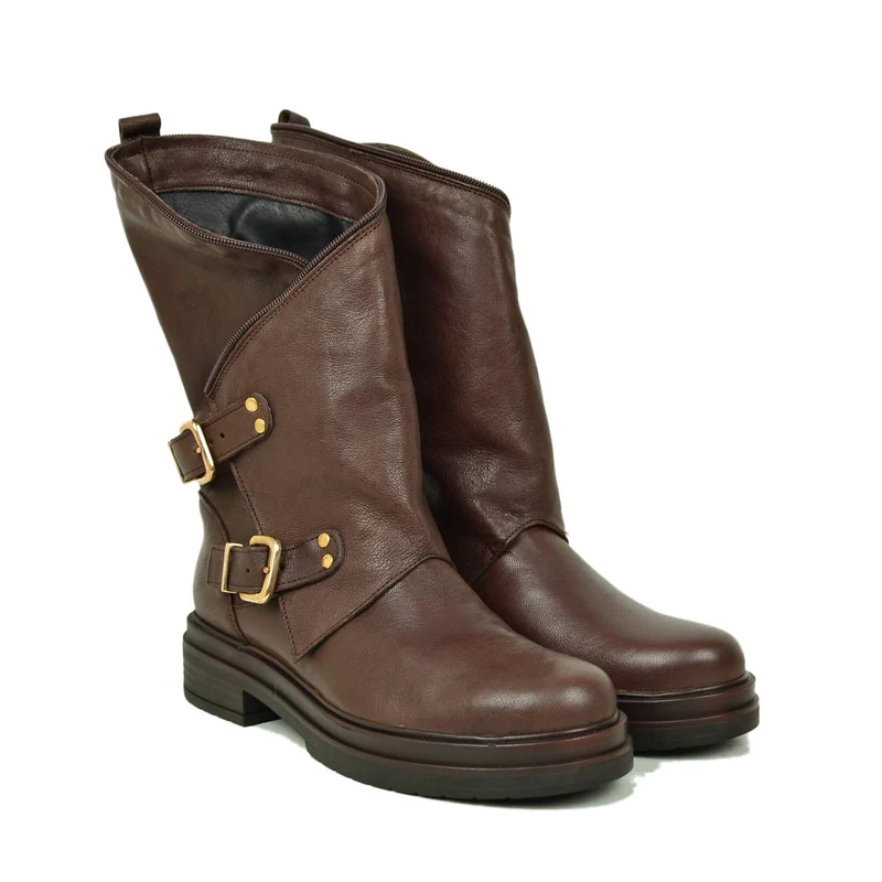 Stivali Donna Biker Vera Pelle Gambale Largo Cioccolato con Fibbie e Zip Laterale Made in Italy