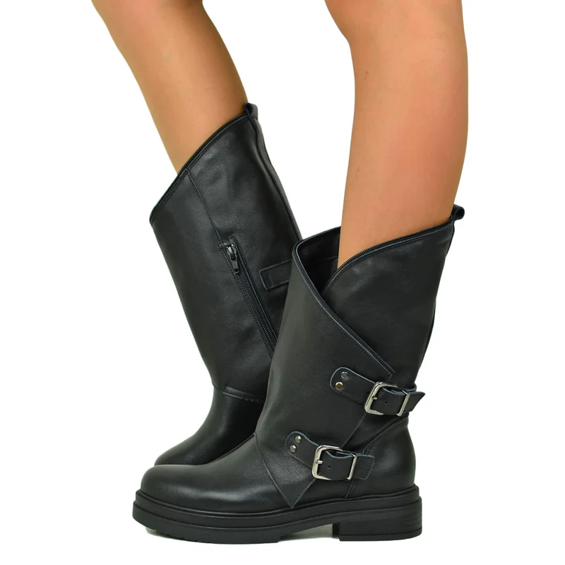 Stivali Donna Biker Vera Pelle Gambale Largo Neri con Fibbie e Zip Laterale Made in Italy