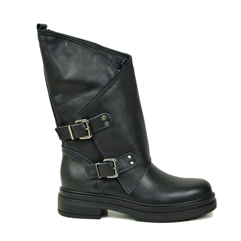 Stivali Donna Biker Vera Pelle Gambale Largo Neri con Fibbie e Zip Laterale Made in Italy