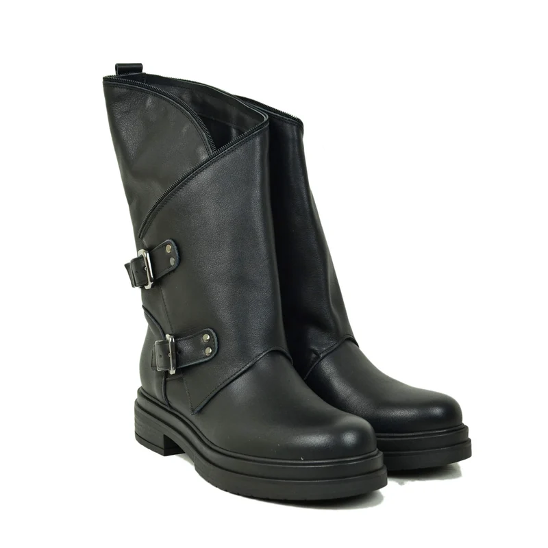 Stivali Donna Biker Vera Pelle Gambale Largo Neri con Fibbie e Zip Laterale Made in Italy